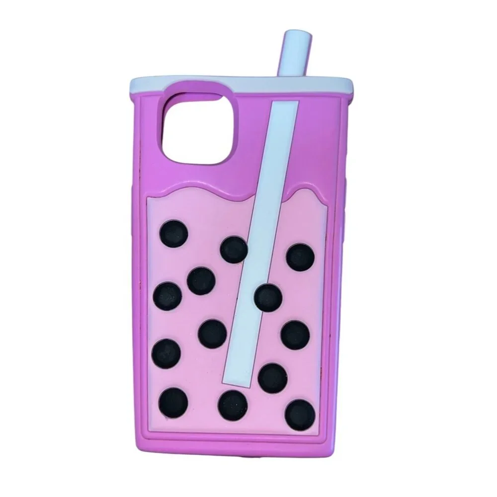 Pink Bubble Tea Design iPhone 13 Case With Pop-Out Straw & Protective Soft Silic
